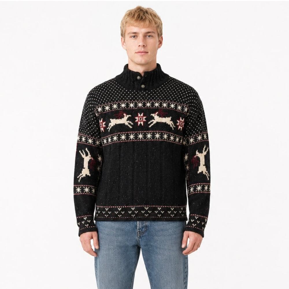 Lands End Mens Size Medium Nordic 100% Wool Sweater Reindeer Fair Isle Gray Red